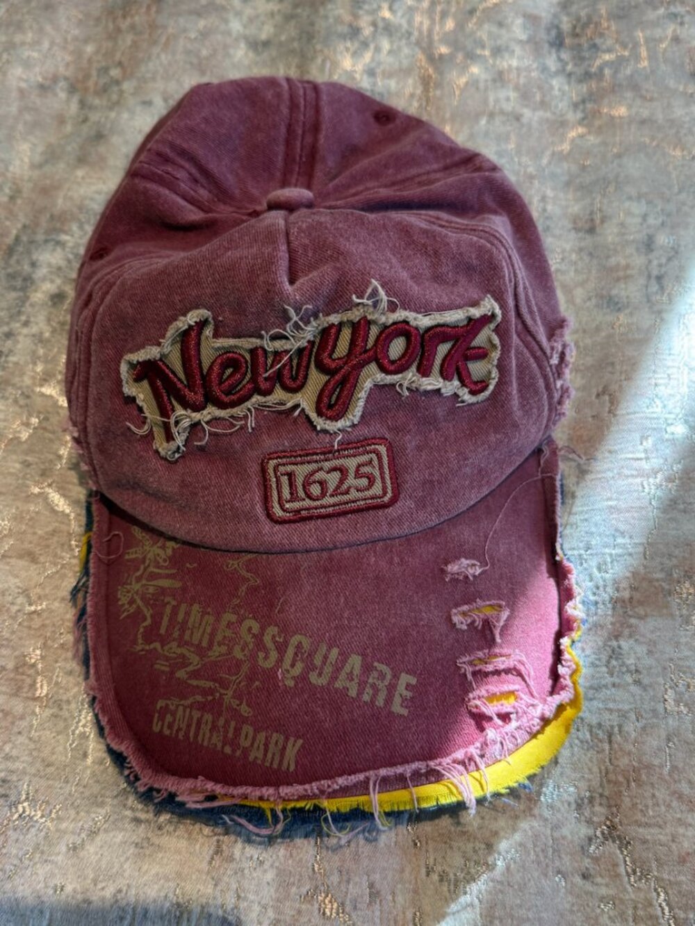 New York Distressed Dad Hat | Vintage Wash | Times Square Patch | Frayed Brim |